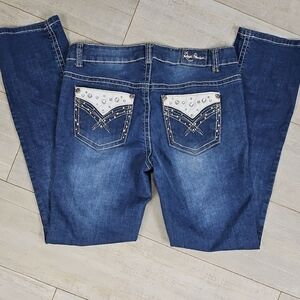 Elegant Blue Women's Boot Cut Jeans with Rhinestone Accents
